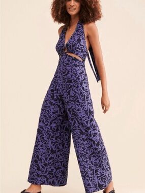 Free People Purple Halter Cutout Wide-Leg Jumpsuit